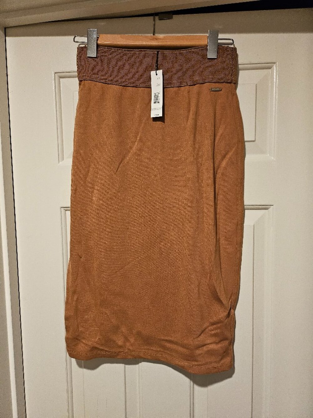 NWT Camel Faux Suede Midi Pencil Skirt with Back Slit